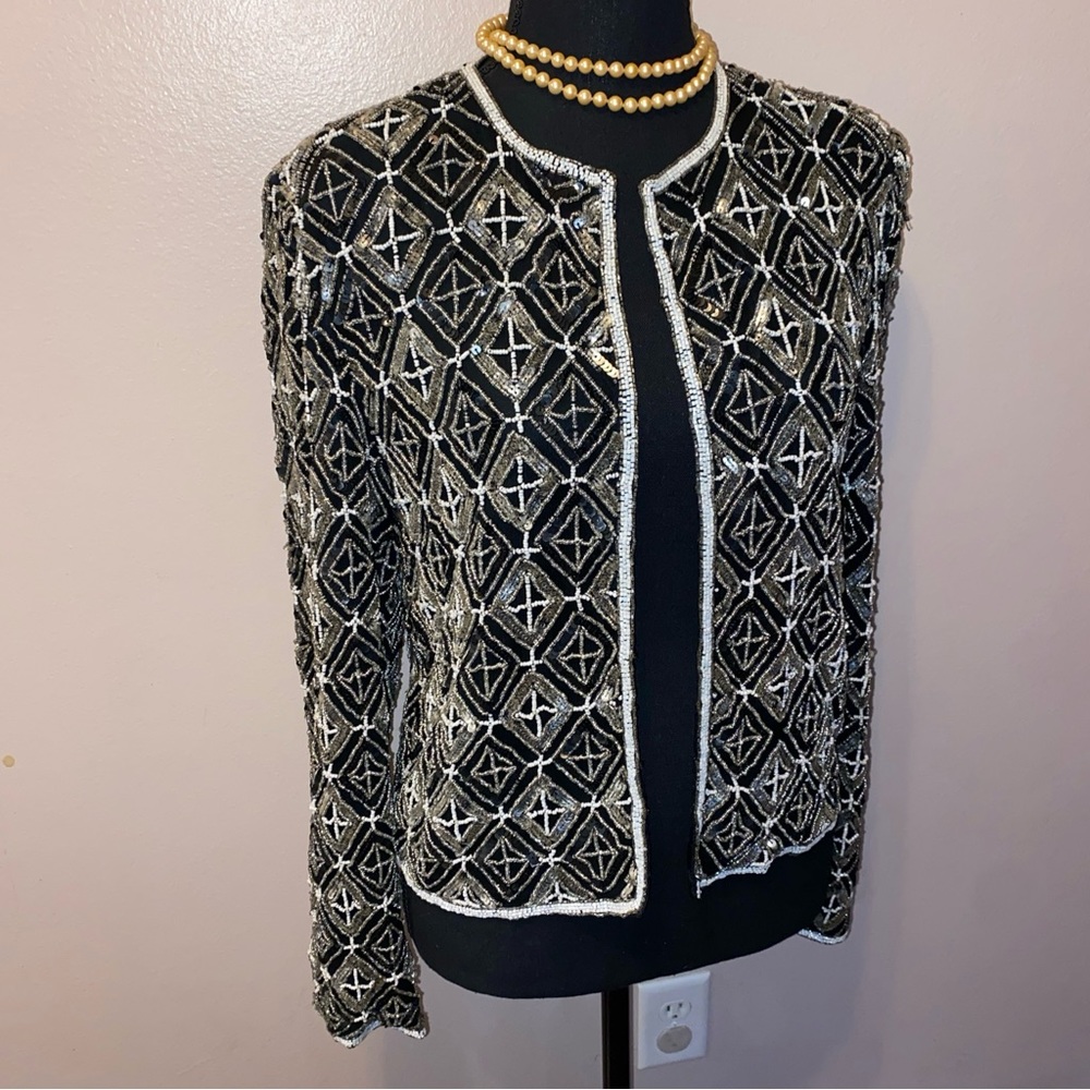 100% silk fully beaded black and white jacket